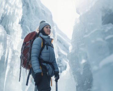realistic photo of *mature woman on adventure trail in ice*, natural light, tour concept --ar 3:2