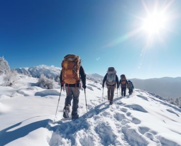 side view photo of a group of hiker hiking in the snowy hill, sunny day, clear weather, wide shoot, --ar 3:2