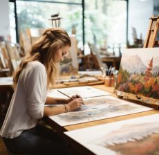Young *female student having classes at art studio*, learning how to draw landscapes --ar 3:2 --v 5.2