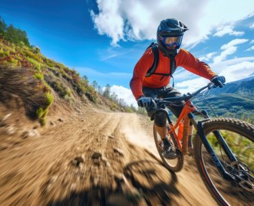 *Mountain biker cyclist* riding a bicycle downhill on a mountain bike trail --ar 3:2 --v 6.0