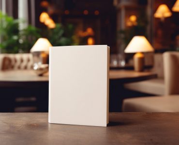 close up a *blank white book mockup* sitting on the vintage table, adding to the cozy atmosphere of a hotel club. --v 5.2 --ar 3:2