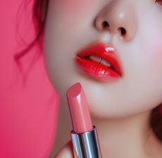 Photo of a *korean women* with lipstick, beauty concept, zoom out, realistic photograph --ar 3:2 --v 6.0