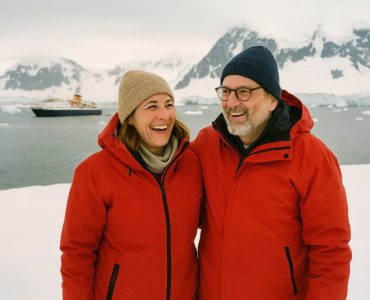 Create a photo for a modern brand ad. candid retro film photography style. slightly over exposed. A little film grain. No text or logos. antarctica vacation concept. real authentic people. real, normal regular people. no models.