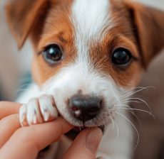 Puppy Jack Russell terrier animal mammal. photo of close up cheerful *puppy Jack Russell* terrier playfully biting the fingers of its owner --ar 9:16 --v 6.0