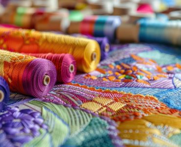 embroidery is shown with *Industry*, minimal cartoon style, in the style of evocative textures, aggressive quilting, free space for text --ar 3:2 --v 6.0