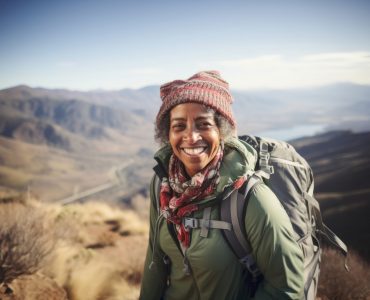 Middle age african american woman backpacker backpacking recreation adventure.