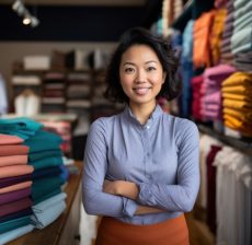 photo of *a multiracial*, mixed race asian, business owner, at a cloth shop --ar 3:2