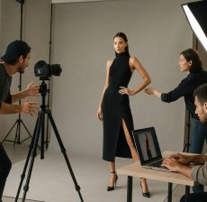 "A professional fashion photographer is mid-action, capturing striking shots of a model in a sleek, minimalist studio. The camera is mounted on a tripod, with large softbox lights illuminating the scene perfectly. The model poses confidently, showcasing high-fashion attire against a clean, neutral-toned backdrop. The photographer, dressed casually, is adjusting angles and giving direction with a keen eye for composition. The studio is filled with creative energy, with assistants adjusting lights and reviewing shots on a laptop nearby."