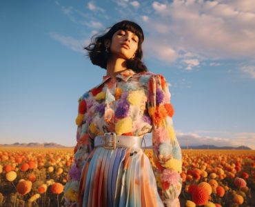 a shot of a desert field with *flowers* with a rainbow in the sky, in the style of y2k aesthetic, intricate floral prints, light sky-blue and orange, pop inspo, flowerpunk, birds & flowers