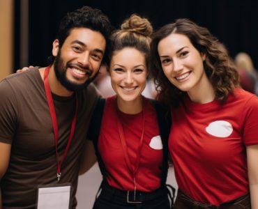 Photo of 3 diversity *volunteers at charity event* , minimal , copy space --ar 3:2