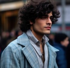 photo of *latin man, wearing oversized muted light blue coats* light blue plaid pants, rich tonal palette | at the street | fashion street style, model pose (freckles:0.8), (detailed face, bright skin, skin texture, side view, detailed skin, 8k, extremely detailed face, realistic, (noise:-0.3) --c 10 --ar 2:3 --style raw