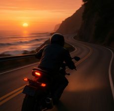 A cinematic third-person video following a motorcyclist riding along a winding coastal highway at sunset, captured in a smooth, low chase-cam perspective. The camera follows closely behind the rider, who leans into the turns with confident flow. The road curves along dramatic ocean cliffs, with soft orange and purple light spilling across the pavement. The motorcycle’s tail light glows red as it reflects the golden sky. Gentle motion blur enhances the sense of speed. Ocean waves roll in beside the road, and trees silhouette the cliffs. The camera subtly shifts left and right to match the rider’s lean, maintaining a close, immersive tracking angle. The atmosphere is warm, moody, and serene, with a hint of energy from the curving road. Shot in horizontal format, with realistic lighting and high-definition cinematic motion.