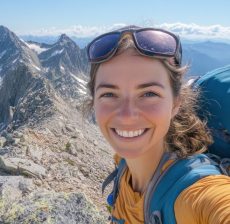 *Woman taking a selfie at the top of a mountain*, with backpacks and smiling at the camera. --ar 16:9