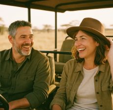 Create a photo for a modern brand ad. candid retro film photography style. slightly over exposed. A little film grain. No text or logos. safari vacation concept. real authentic people. real, normal regular people. no models.