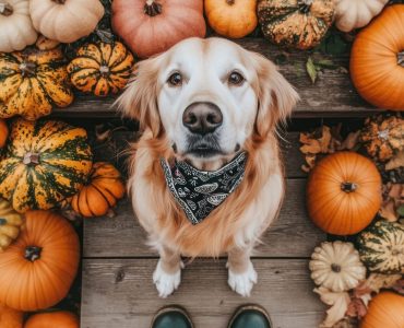 top view photo of a *golden retriever* wearing a bandana, sitting on a step look up to camera and surrounded by pumpkins and gourds. the person who takes picture wears dark green garden boots at the bottom of the photo, creating a fall aesthetic. The image is shot from above. --v 6.1 --ar 2:3