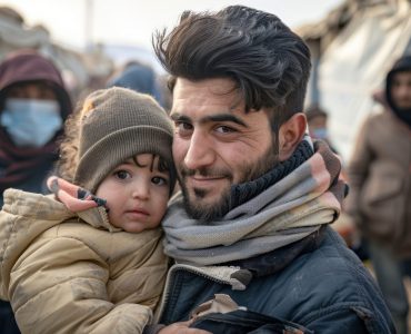 photo of *male charity worker holding child in his arms*, refugee photo, people gather around, photorealistic, documentary photography --ar 3:2 --v 6.0