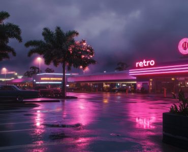 realistic liminal space photo of a *retro mall exterior*, retro neon lights, neon sign "retro" , late evening, parking lot wet floor, tropical trees, --v 6.1 --ar 16:9