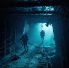 Photograph of *divers exploring the underwater remains*, in the deep dark Underwater Sea, dark empty underwater, ocean, scary, loneliness, adrift --ar 3:2 --v 6.0