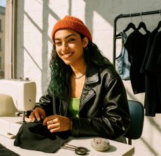 Create a photo for a generation z modern street style. bright light. slightly edgy. high contrast. candid and positive energy. clean images. No text or logos. sewing concept. real authentic people