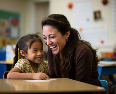Teacher assisting her Latina student school classroom child. AI generated Image by rawpixel.