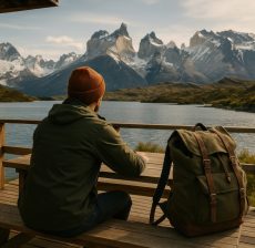 Create an image for an ad for a modern patagonia vacation brand. no text or logo. professional realistic authentic photo. No faces.