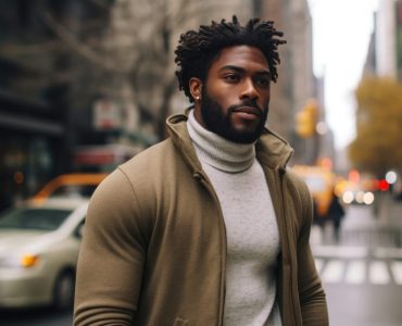 Photo of *African American man* stylish, simple, outdoors in the city, daytime --ar 3:2 --v 5.2