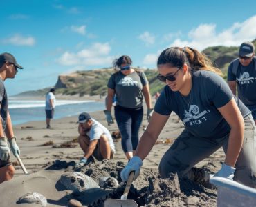 *photo of group of hispanic* volunteer clean up a beach, natural light, wearing same t-shirt color, leave some space for text --ar 3:2 --v 6.0
