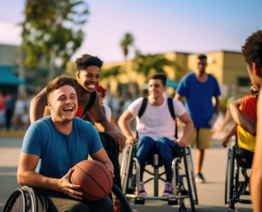 photo of a disable man in wheelchair playing basketball with friends, fun