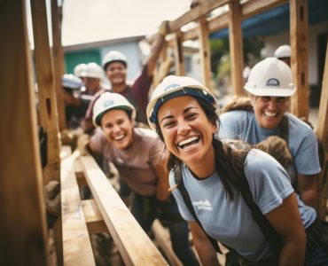 Smiling volunteers laughing hardhat helmet.
