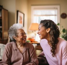 Adult woman smile togetherness A photo of woman helping an elderly, kindly smile, natural, bright lighting, --ar 3:2 --style raw