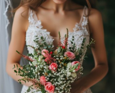 Bride holding flowers fashion wedding dress.