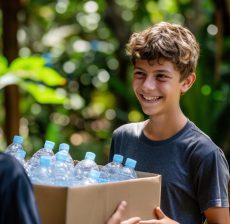 Boy volunteer staff outdoors holding box. a *boy volunteer staff* laughing at someone, hand holding box of drinking water bottles, candid shots, outdoor nature --ar 3:2 --v 6.0