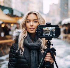 Influencer filming camera selfie. Influencer filming camera selfie.