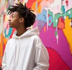 Photograph, side view of *a kid wearing white t-shirt* talking, colorful fun posters on the background, fun graphics, lively movement, pop inspo, clean --ar 3:2