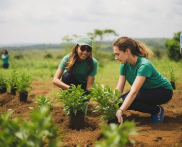 Volunteers gardening planting outdoors.