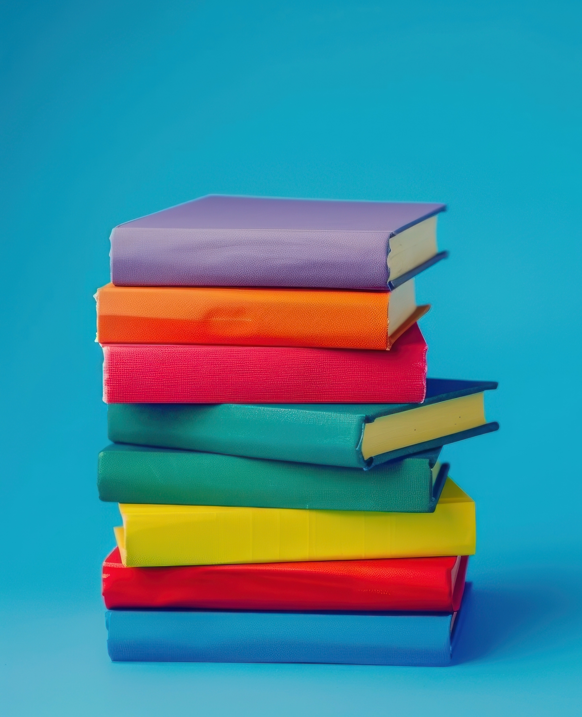 photo shoot of a *stack of colorful books* on a blue background, with no text on it. representing education and knowledge. The books are arranged overlaping, professional photo, minimal and clean --v 6.0 --ar 3:2