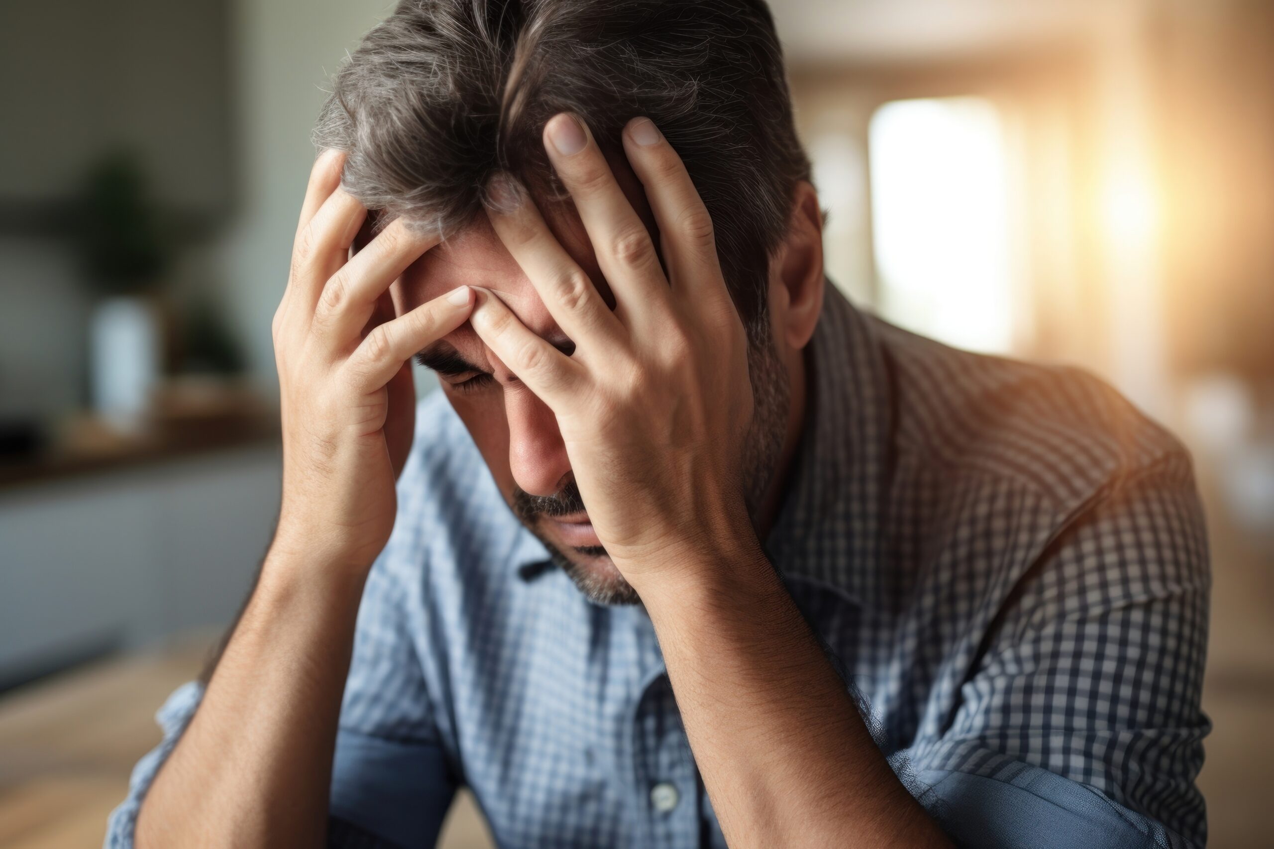 Stressed man fat head worried person.