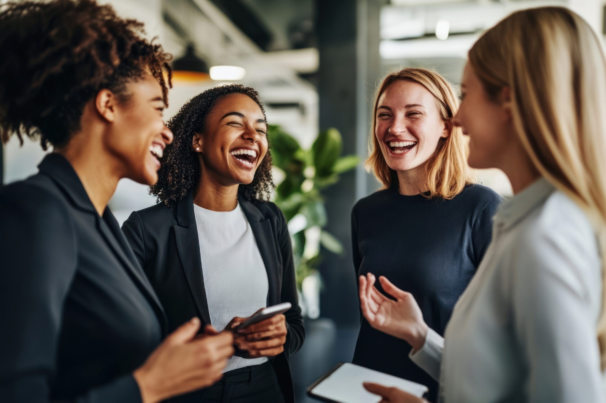 Business people are smiling and chatting laughing diverse person.