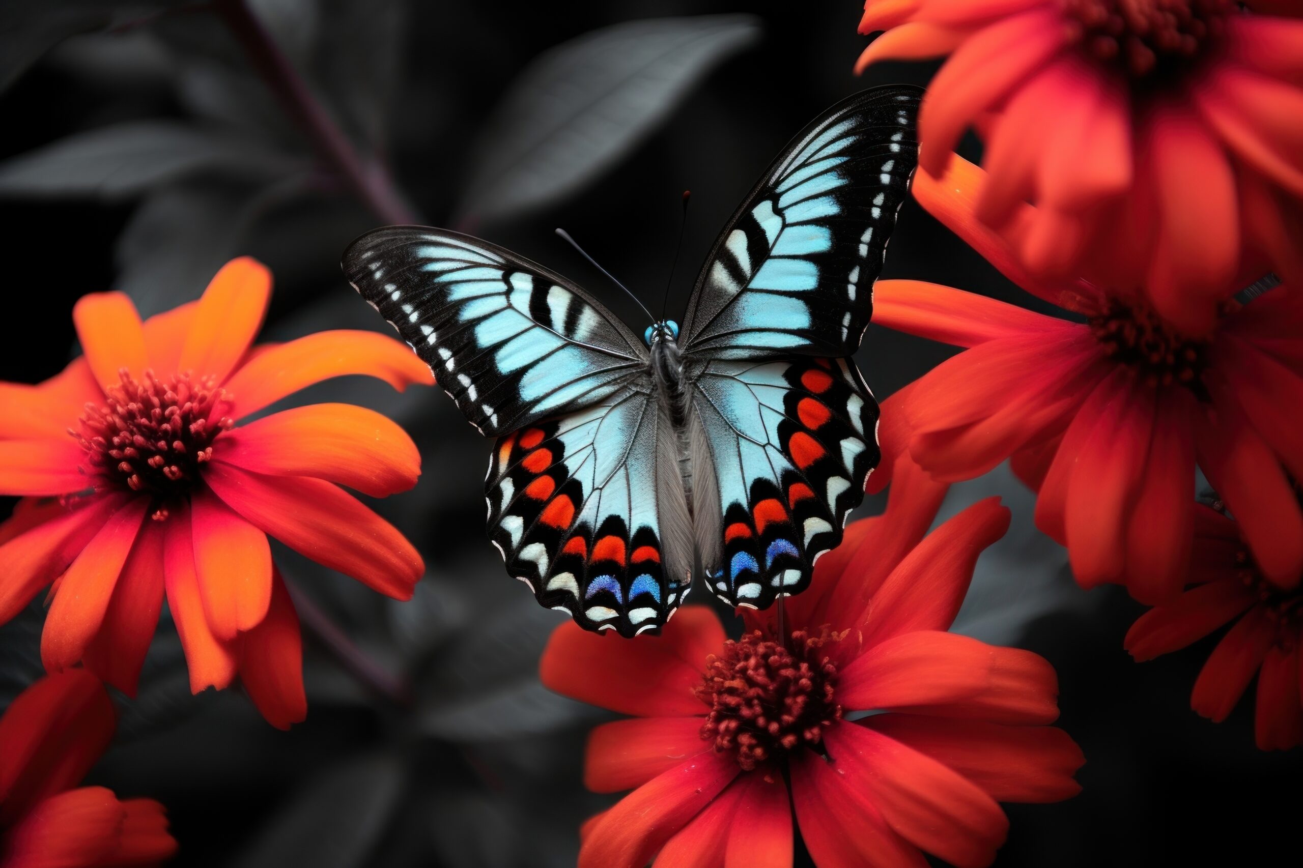 A colorful large butterfly is in the right corner animal insect flower.