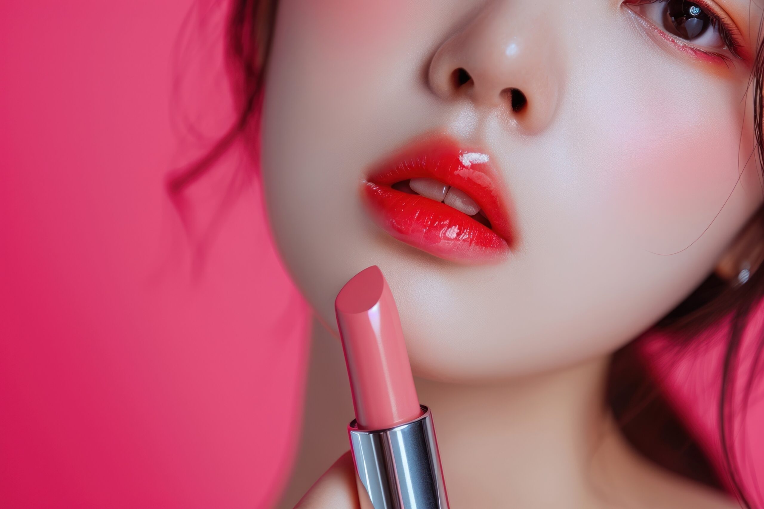 Photo of a *korean women* with lipstick, beauty concept, zoom out, realistic photograph --ar 3:2 --v 6.0