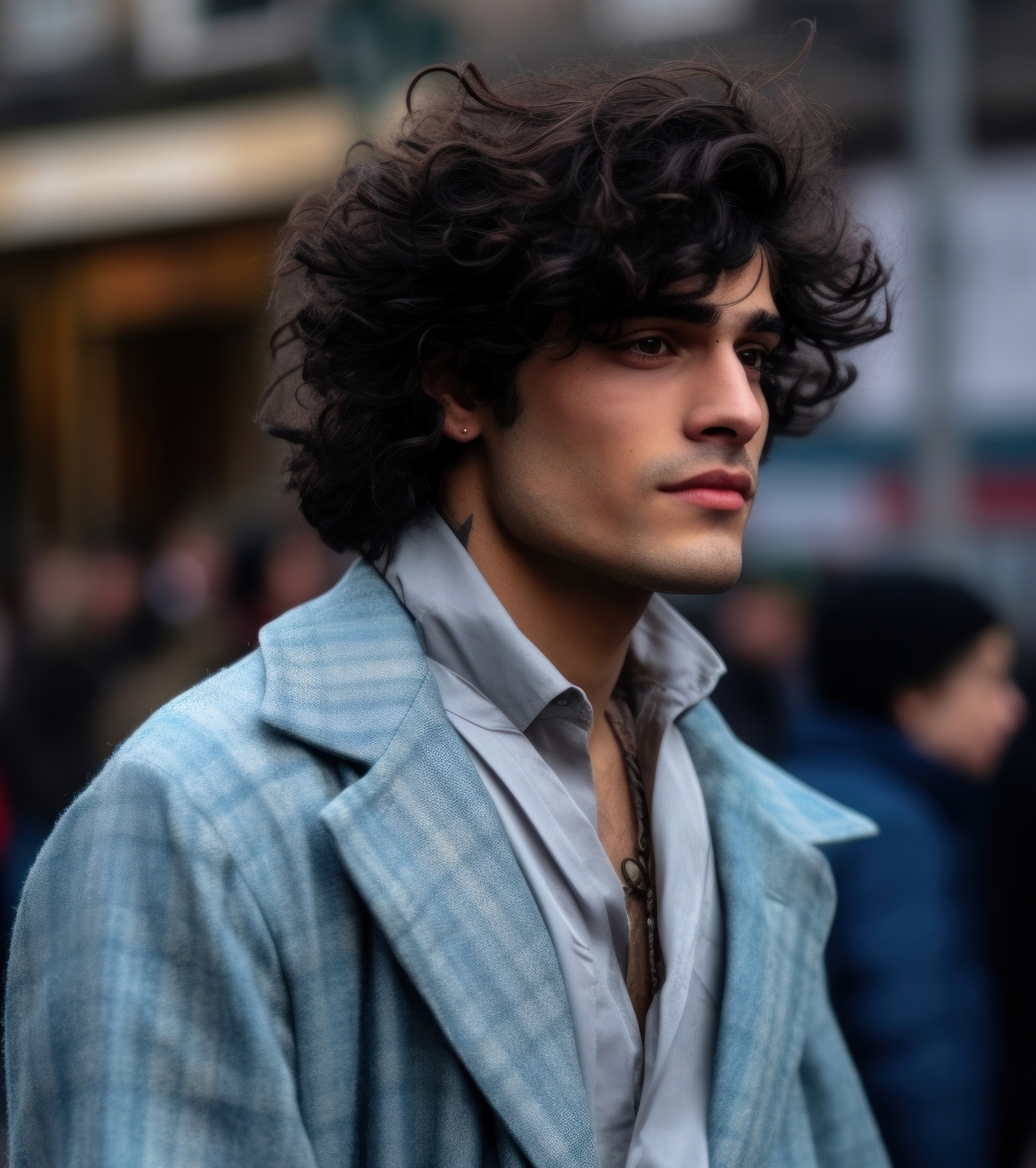 photo of *latin man, wearing oversized muted light blue coats* light blue plaid pants, rich tonal palette | at the street | fashion street style, model pose (freckles:0.8), (detailed face, bright skin, skin texture, side view, detailed skin, 8k, extremely detailed face, realistic, (noise:-0.3) --c 10 --ar 2:3 --style raw