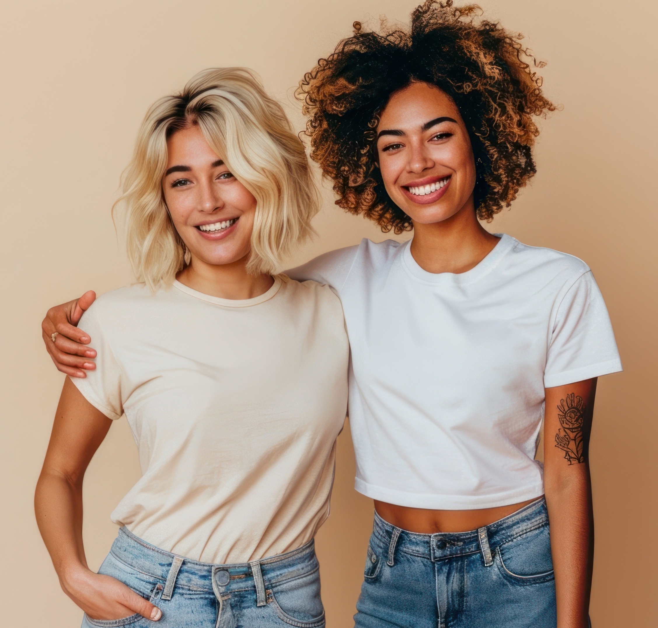 photo of blonde short hair woman and latin curly hair woman wearing white *t-shirt mockup* and jeans, cheerful, arm around each other, blonde woman open hand to left side, isolated on off white background, real authentic people --v 6.0 --ar 3:2