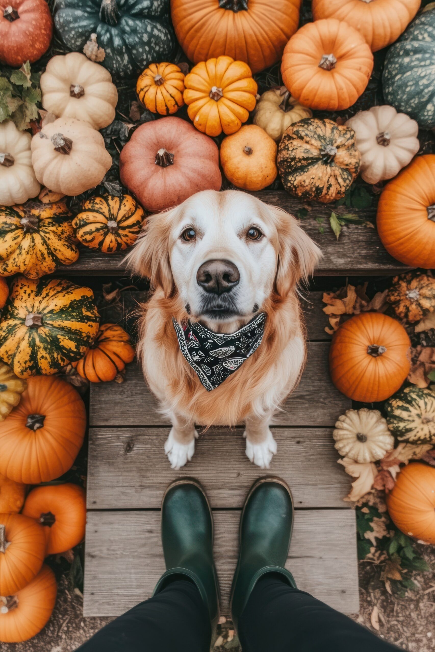 top view photo of a *golden retriever* wearing a bandana, sitting on a step look up to camera and surrounded by pumpkins and gourds. the person who takes picture wears dark green garden boots at the bottom of the photo, creating a fall aesthetic. The image is shot from above. --v 6.1 --ar 2:3