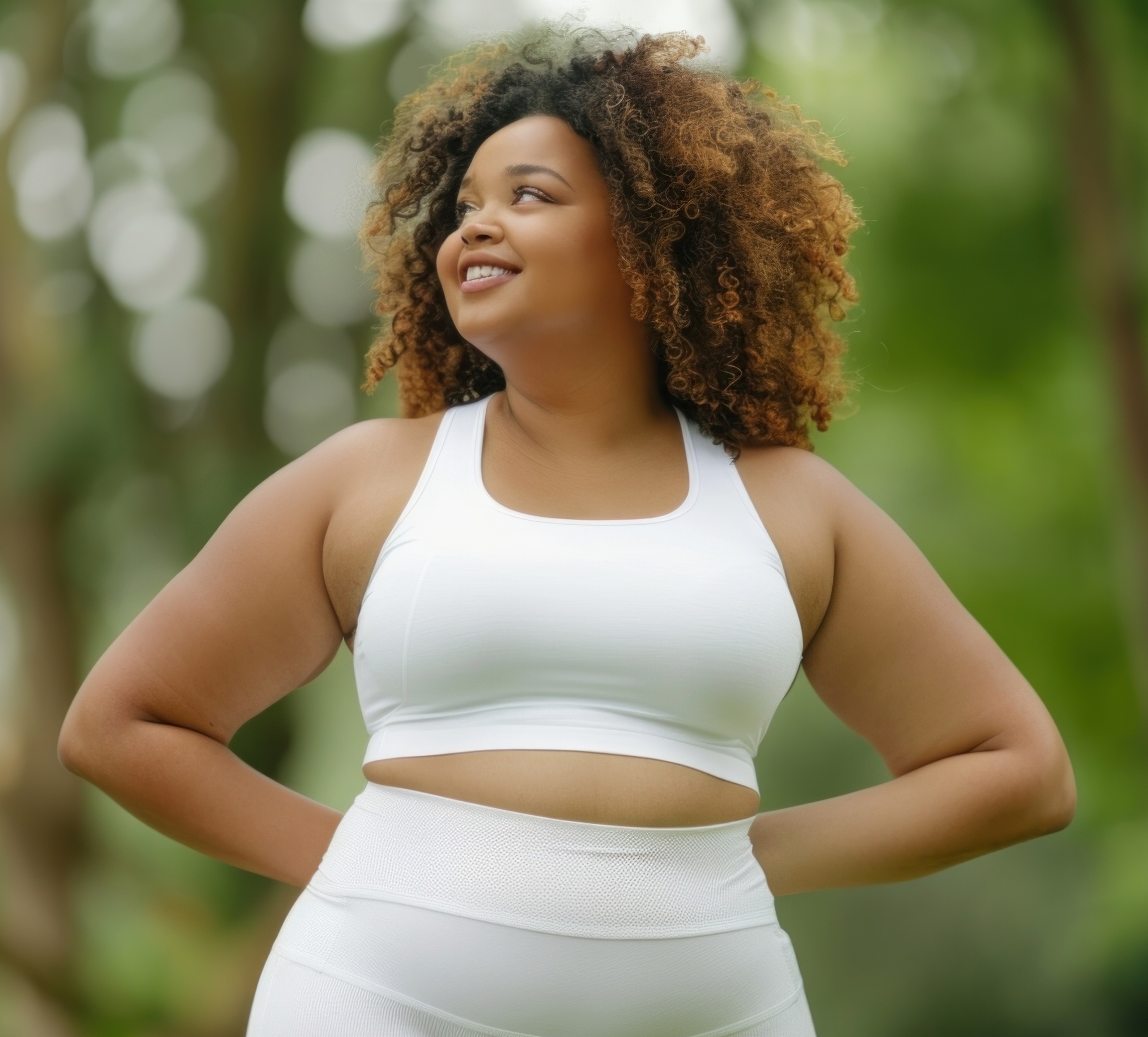 Photo of happy plus size woman wear blank sport spandex *white sportswear mockup*,apparel,fashion, minimal, low detail,at park blur background --style raw --v 6.0 --ar 3:2