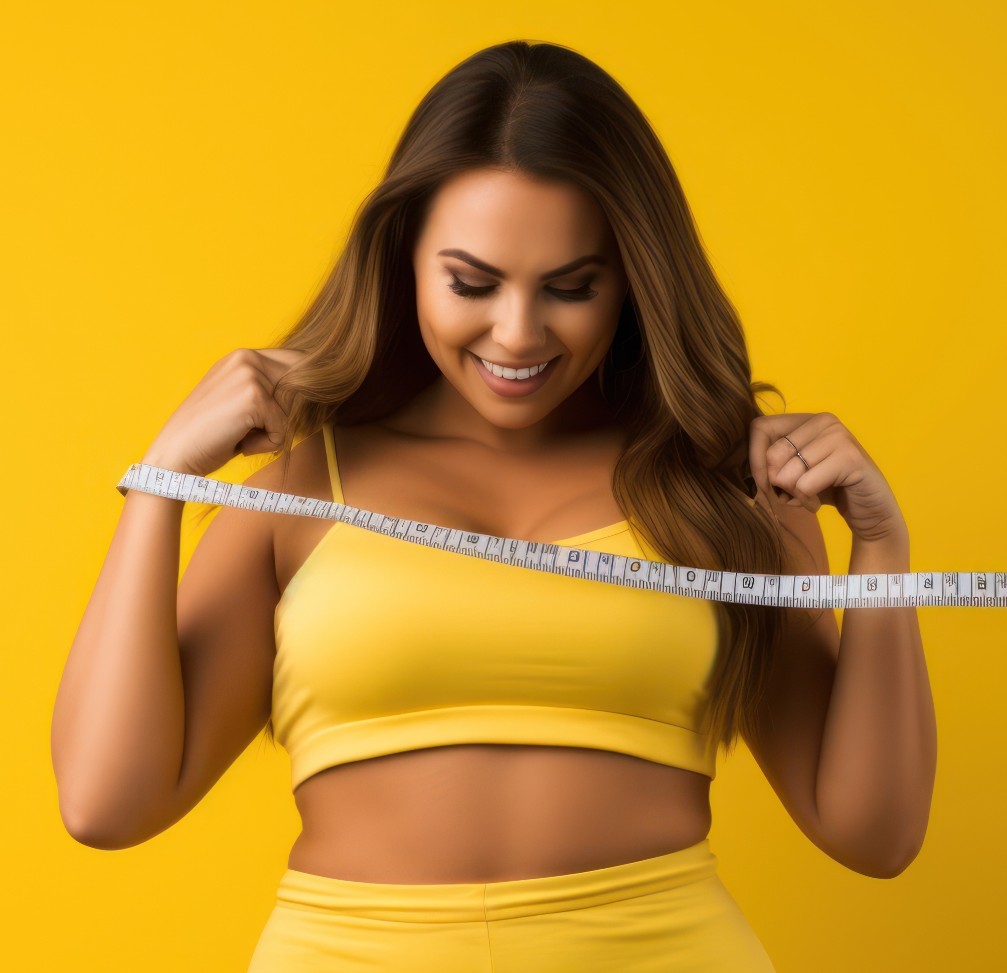 Photo of a *plus size model* checking her waist with a *measurer* after a *workout* - isolated on a *yellow background* --ar 3:2 --style raw