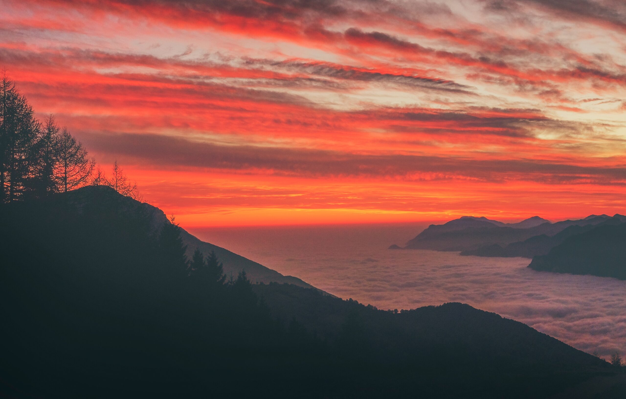 Silhouette of trees on a mountain against a red-streaked cloudy sky, fog and mountains in the distance. Original public domain image from Wikimedia Commons