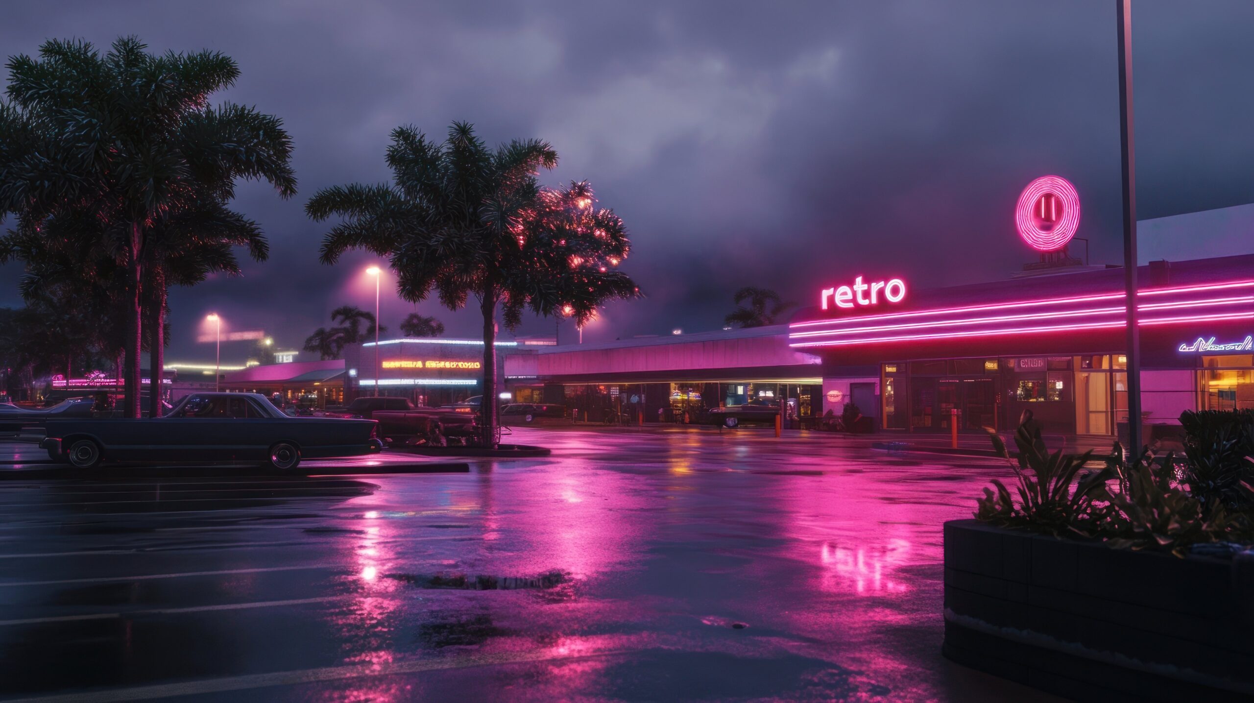 realistic liminal space photo of a *retro mall exterior*, retro neon lights, neon sign "retro" , late evening, parking lot wet floor, tropical trees, --v 6.1 --ar 16:9