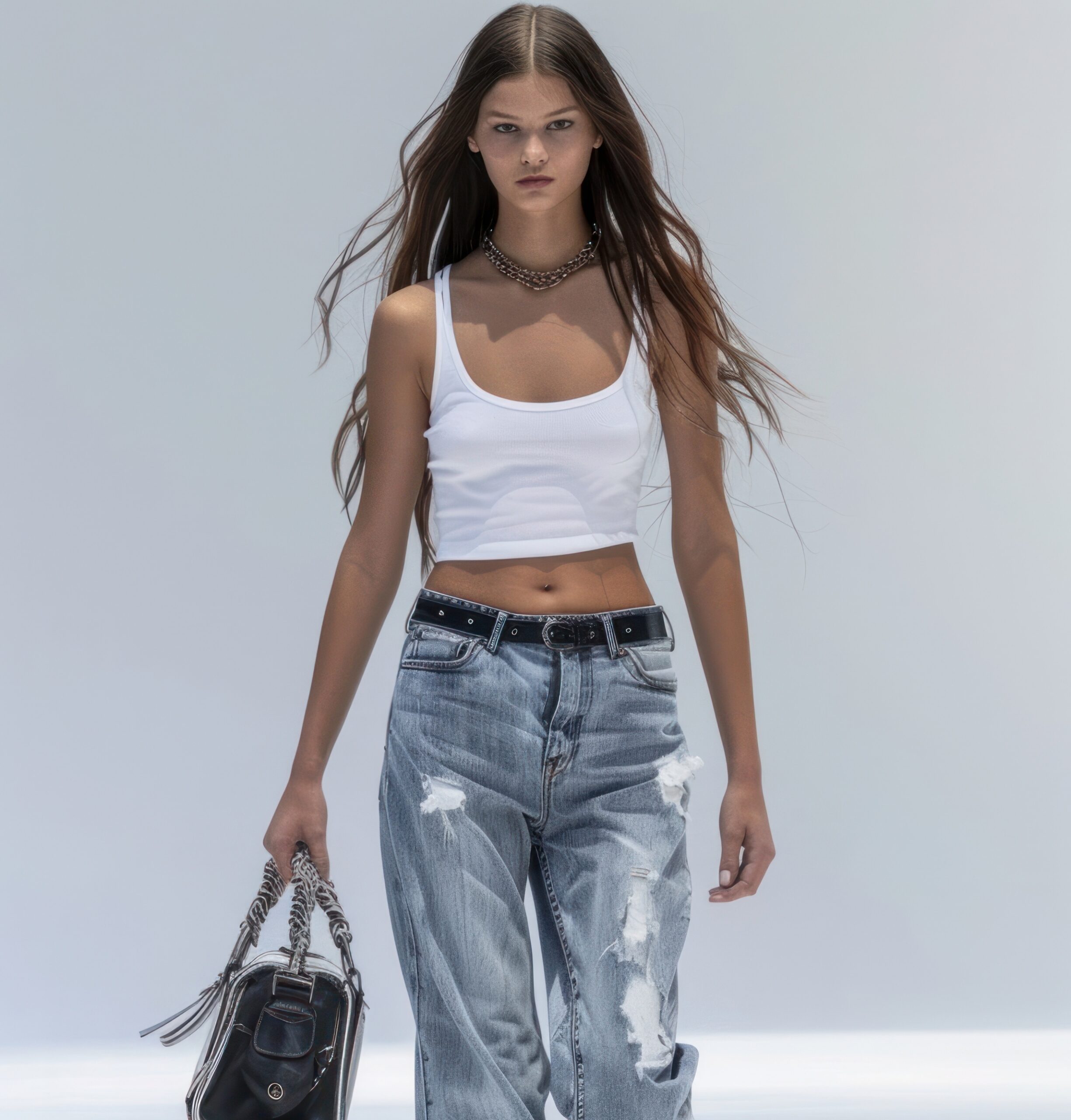 photo a *fashion long hair model walking the runway wearing clean oversized jeans and a white tank top* with handbag, isolated on white background, high resolution, real skin --v 6.0 --ar 5:7