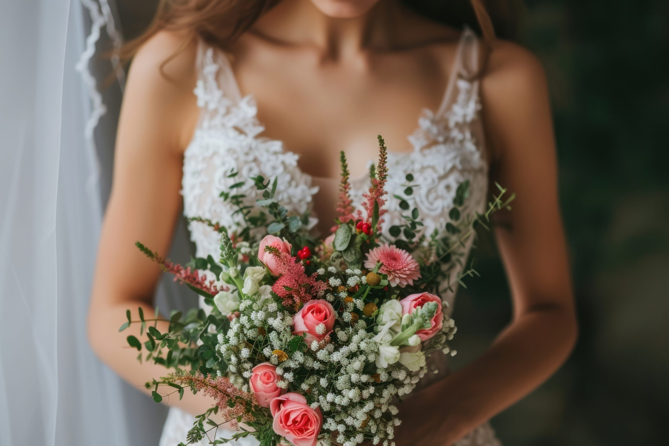 Bride holding flowers fashion wedding dress.