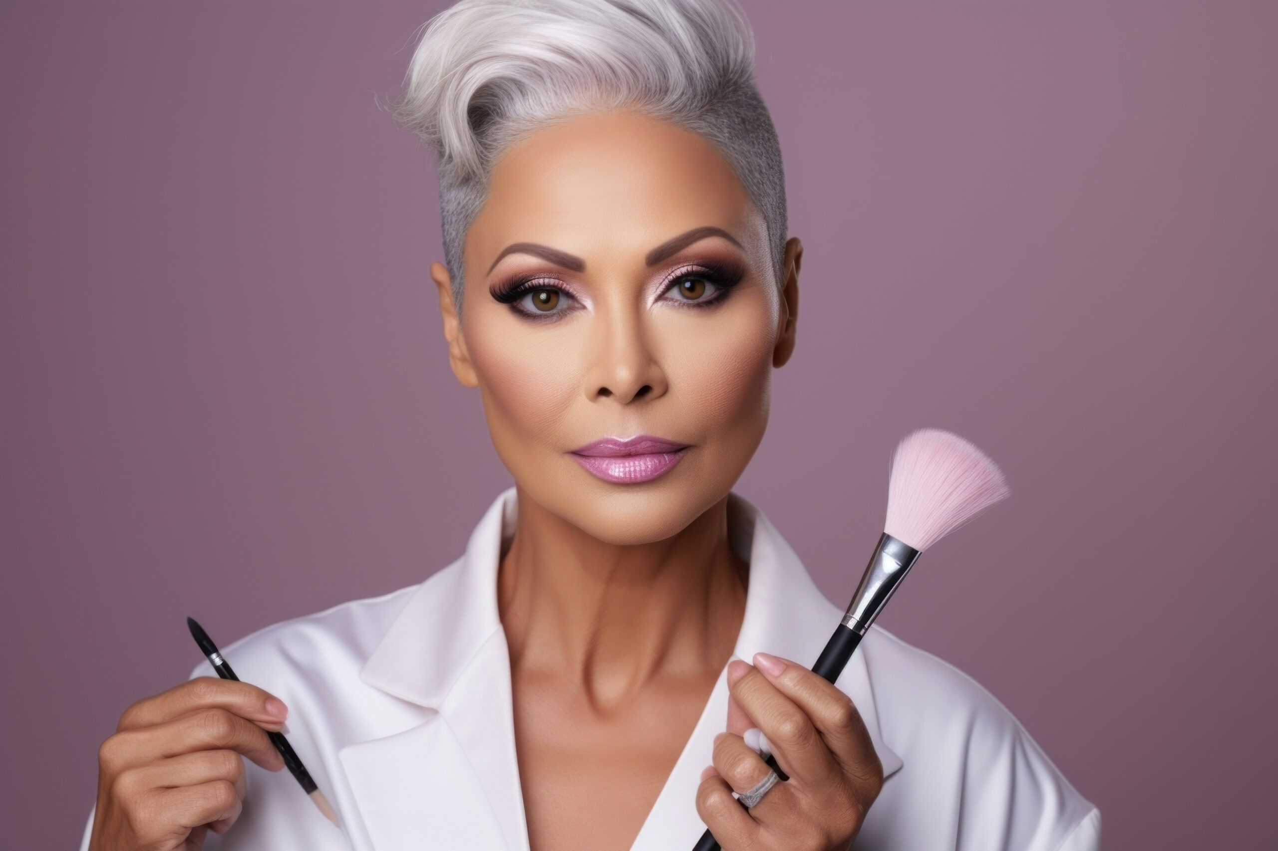 Photo of a *middle aged multiracial woman doing her makeup*, closeup, beauty & fashion concept, realistic photograph --ar 3:2